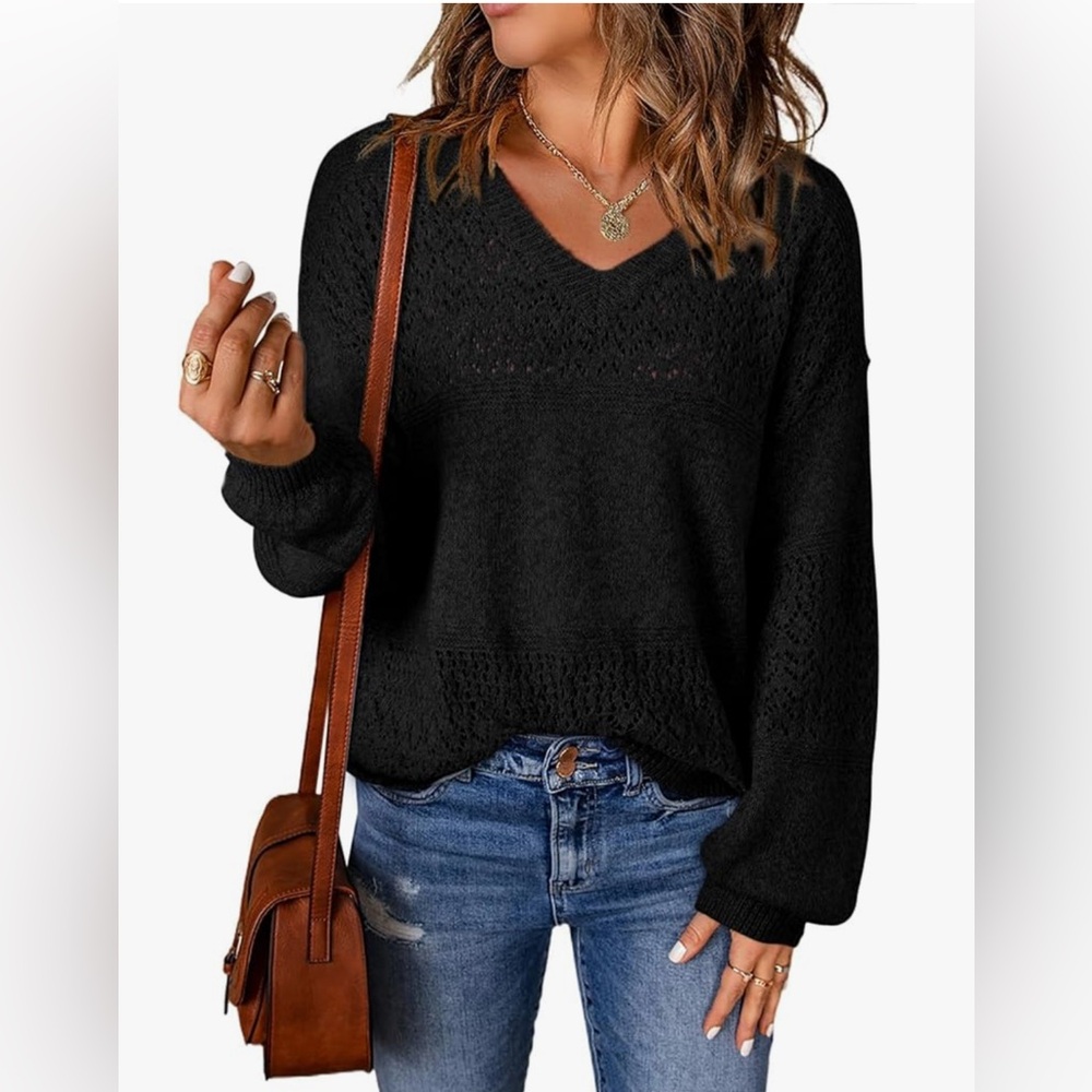 NEW Long Sleeve V Neck Lightweight Crochet Pullover Sweater Top 2X